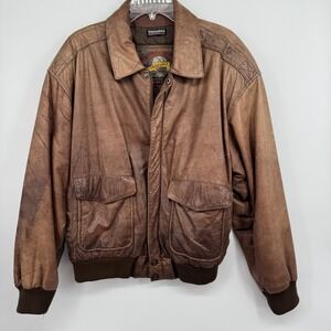 ADVENTURE BOUND Jacket Mens Large 80s Leather Aviator Bomber Leather Brown VTG